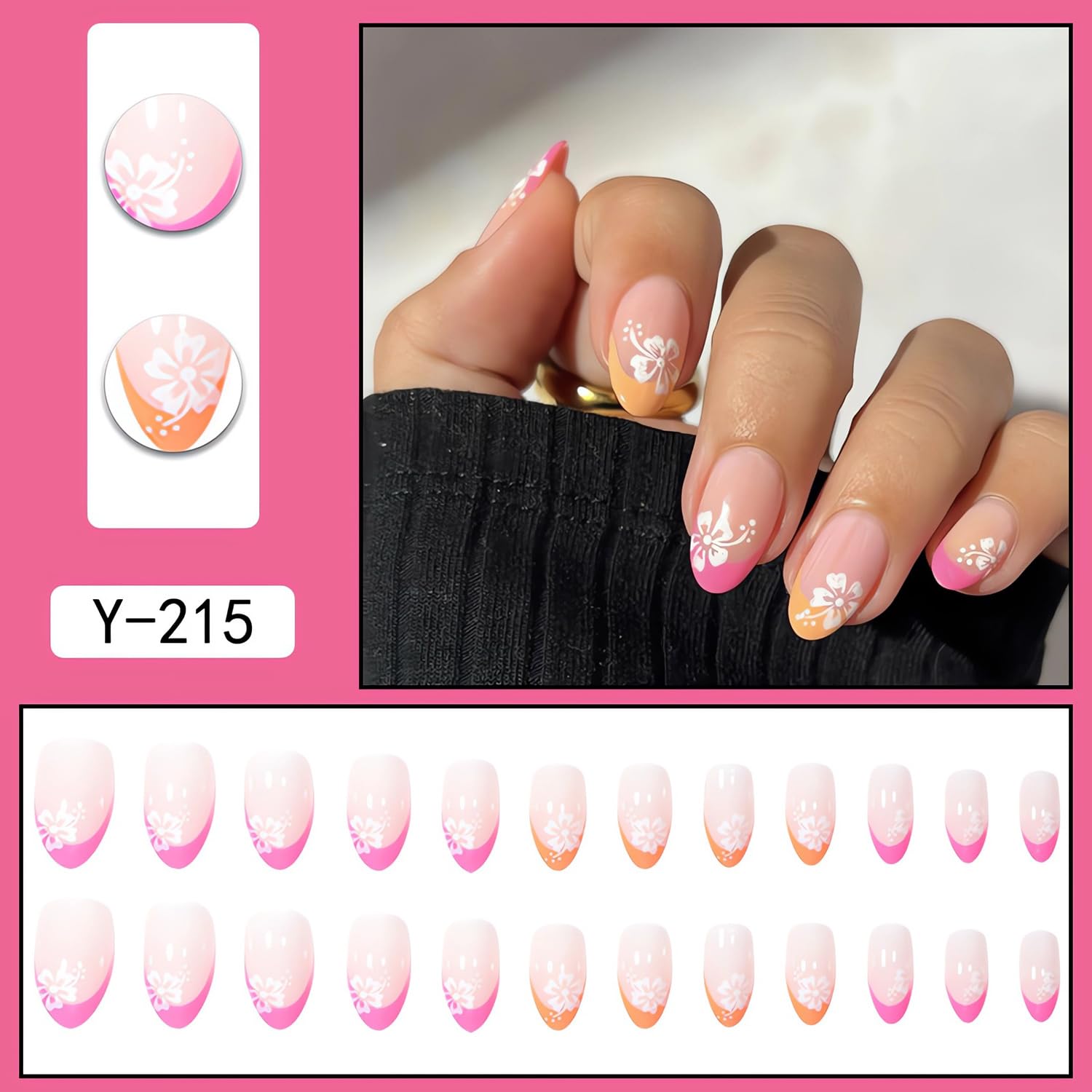 OHWODA Flower Press ons Medium Almond False Nails with White Flowers French Tip Designs Summer Full Cover Cute Stick on Nails Kit - Image 2