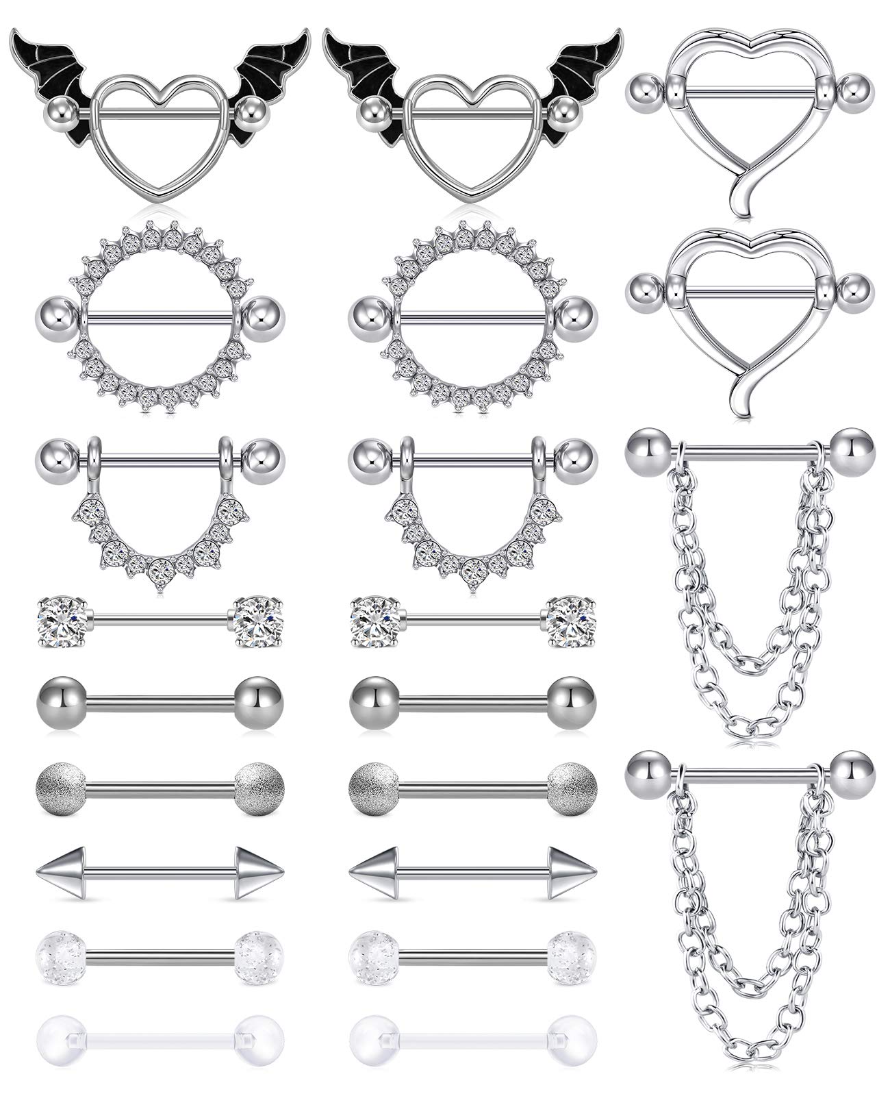 AceFun 14G Nipple Rings Silver Stainless Steel Nipplerings CZ Heart Tongue Shield Barbell Rings Retainer Body Piercing Jewelry for Women 11 Pairs