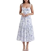 ABEHIK Women's Floral Corset Dress Spaghetti Strap Bustier Midi Dress Low Cut Flowy Pleated Hem Summer Dresses with Pockets