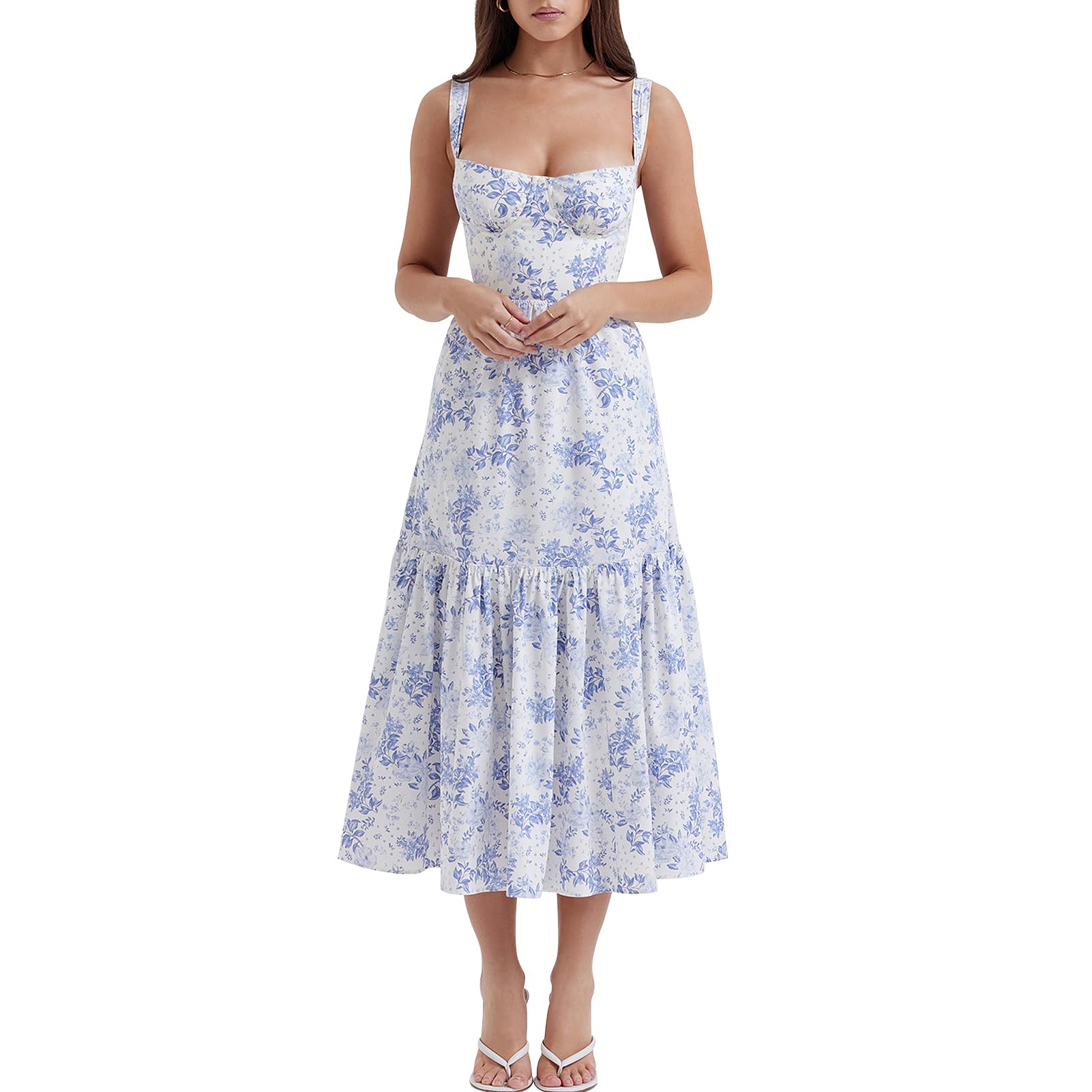 Photo 1 of ABEHIK Women Bustier Sundress Floral Corset Midi Dress Flowy Pleated Cocktail Dresses Spaghetti Strap Backless Casual Low Cut Summer Wedding Guest Party Dress with Pockets and Chest Pads Blue M