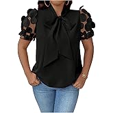 SHENHE Women's Plus Size Bow Tie Neck Blouse Mesh Short Sleeve Dressy Casual Business Work Top