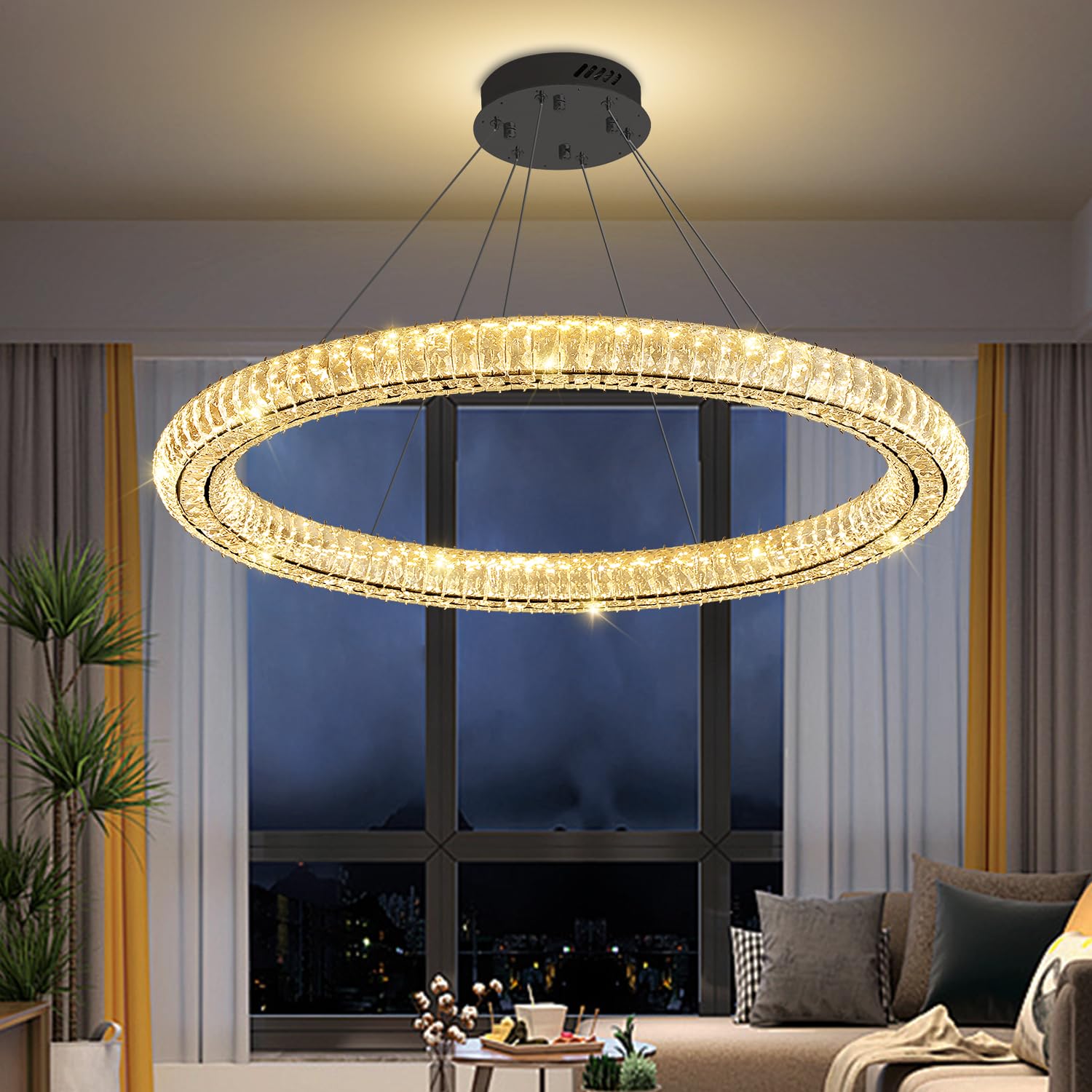 Photo 1 of IDEQUY Modern Crystal Chandelier Dimmable LED 39.4in Ring Pendant Light Adjustable Black Round Crystal Chandelier Light Fixtures for Dining Room Living Room
