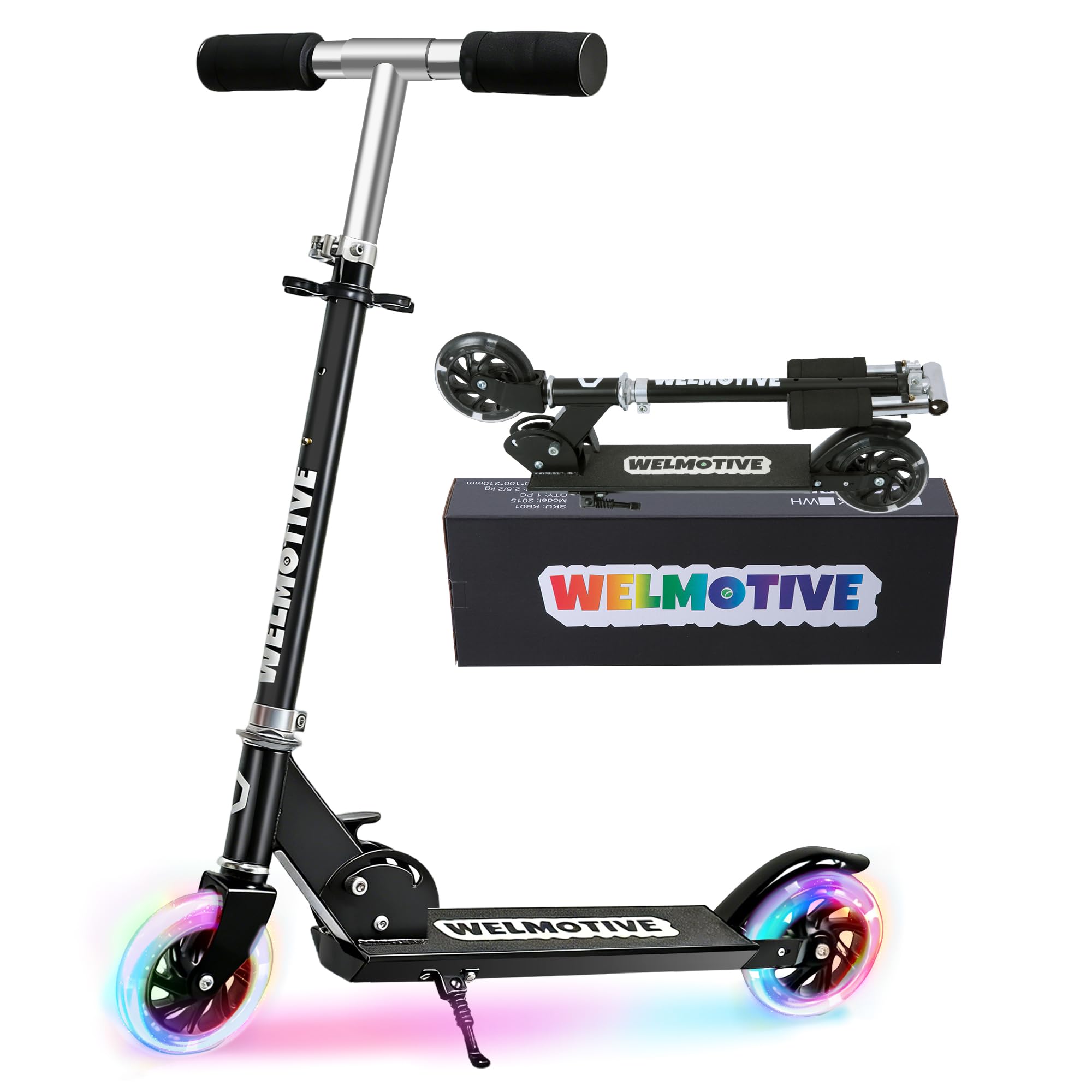 Kick Scooter for 3+Years Old Boys & Girls Lightweight, Foldable, Aluminum Frame, and Adjustable Handlebars, Rear Brake, and Flashing Light up Wheels (Black)