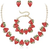 EVER FAITH Sweet Red Enamel Strawberry Jewelry Set Kawaii Fruit Charm Choker Necklace Stud Earrings Bracelet Cute Cartoon Cosplay Themed Party Costume Accessories for Women Teen