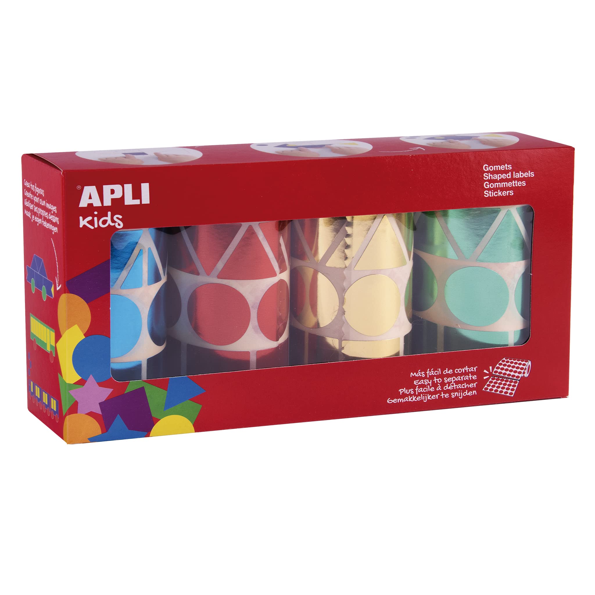 APLI Kids 19191 - Pack of 4 Rolls of Metallic Geometric Assorted 27 mm - Educational Stickers in Blue, Red, Yellow and Green