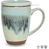 Bosmarlin Ceramic Tea Cup with Infuser and Lid, 13.5 Oz, Loose Leaf Tea Steeper Mug with Strainer, Microwave and Dishwasher Safe, Reactive Glaze (13.5 Oz, Turquoise Green Light)