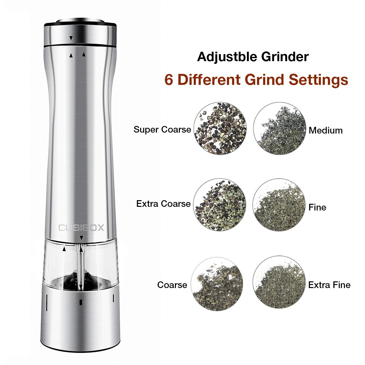 Electric Salt or Pepper Grinder, CUSIBOX Stainless Steel Electric Pepper Grinder or Salt Mill with LED Light at Bottom, Pepper Mill Shaker with Adjustable Grind Coarseness