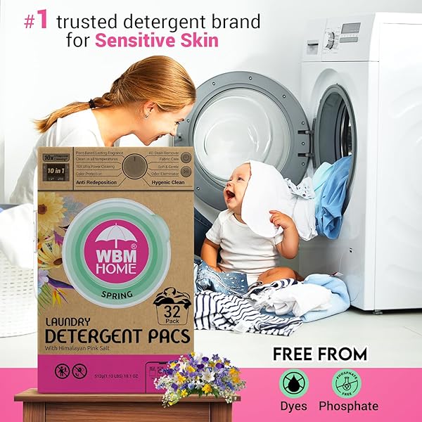 WBM HOME LAUNDRY DETERGENT PODS, SPRING FRAGRANCE SCENT, 32 COUNT – HE CONCENTRATED LAUNDRY PODS WITH 10X ULTRA POWER CLEANING AND 4D LAUNDRY STAIN REMOVER