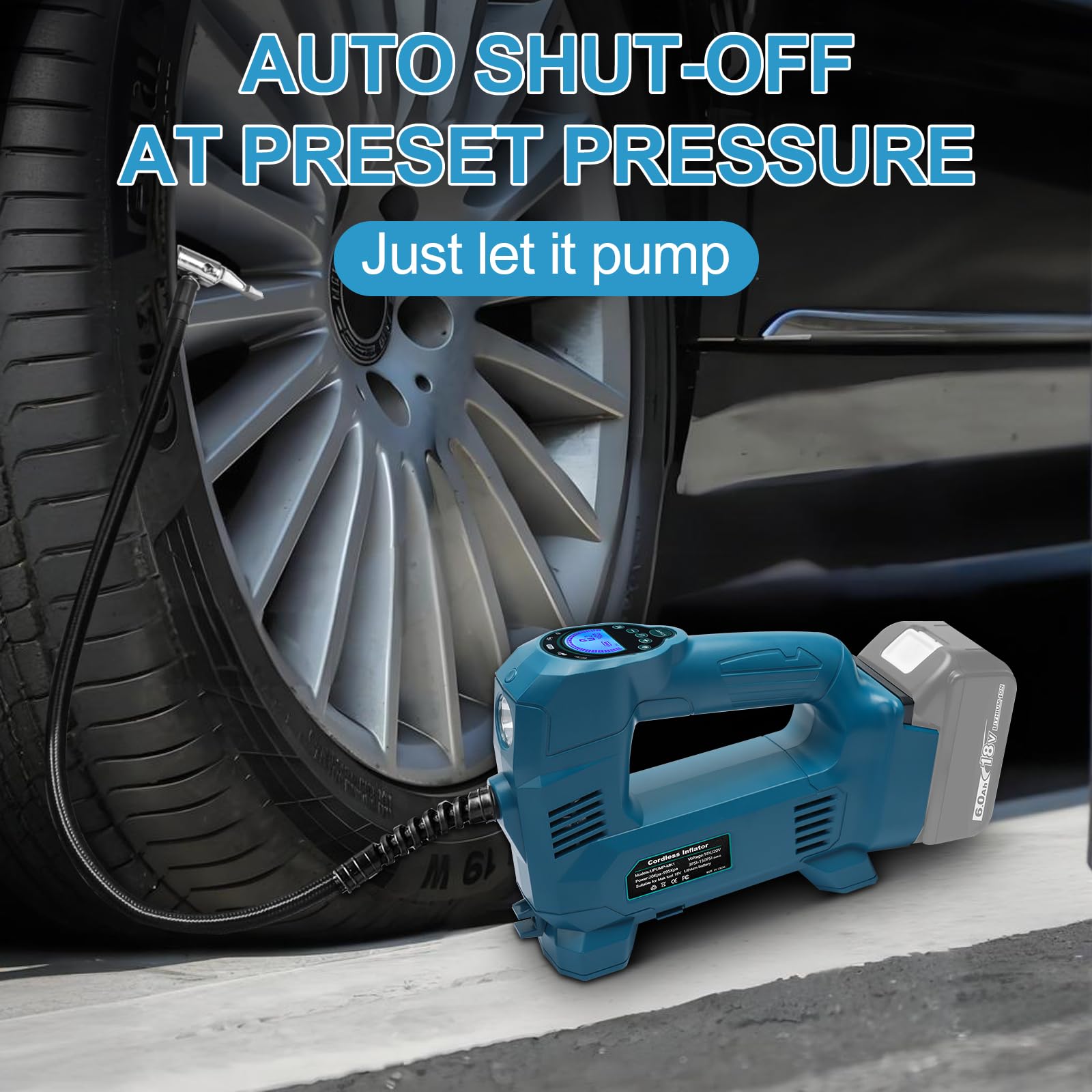 Powarobor 18V Akku Kompressor Kompatibel mit Makita 18V Akkus,10.34 bar Akku Autokompressor/kabellos Luftpumpe für Fahrrad/Auto/Motorrad 150PSI, Automatisch Stop,LED Lampe (ohne Akku, ohne Ladegerät) 7