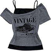 RoseSeek Women's Y2k Letter Graphic Tees Cold Shoulder Short Sleeve 2 in 1 T Shirts