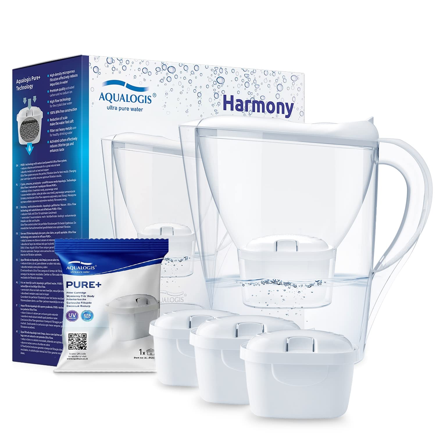 Aqualogis Harmony 2.6L Fridge Water Filter Jug for Reduction of Microplastics, Scale, Chlorine, Taste and Odor, BPA Free, (Replacement Filter Model: Pure+) (White + 3 Cartridges)