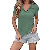 Women's Button Polo Shirts Collar Short Sleeve Ribbed Stretchy Slim T-Shirt Top