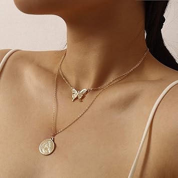 Download Amazon Com Fxmimior Gold Butterfly Double Layered Necklace Boho Collar Choker With Coin Pendant For Women Girls Ladies Sexy Jewelry For Party Daily Wearing Pattern 6 Beauty