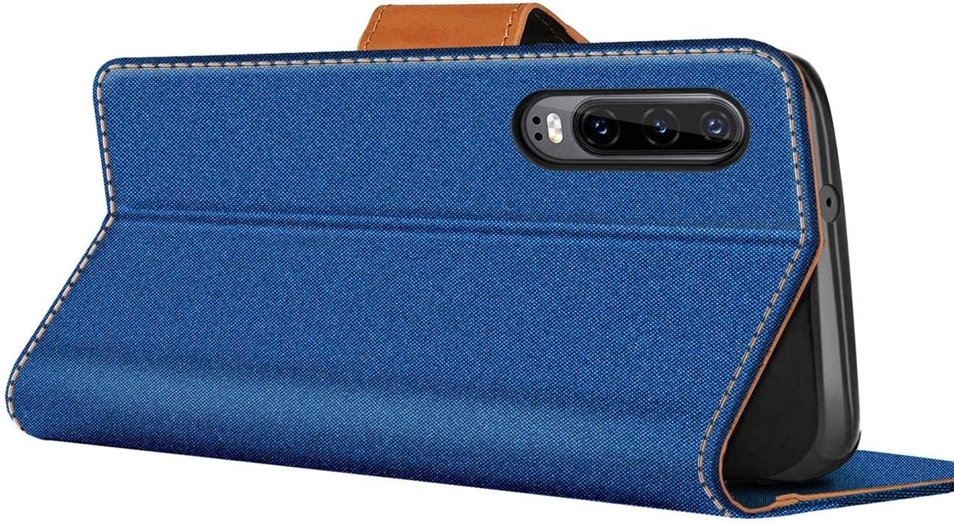 Verco Phone Wallet Case compatible with the Huawei P30, Canvas Faux Leather Book Cover for the P30 Flip Case Bag Hinged - Blue - Image 5