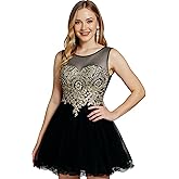MisShow Tulle Homecoming Dresses for Teens Gold Lace Applique Short Prom Gown Sleeveless Cocktail Party Dresses