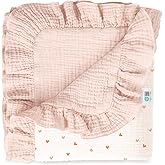 lulumoon Muslin Baby Blanket for Girls: 100% Cotton Ruffle Swaddle Blanket | 40"x36" Soft Reversible Crib Blanket for Newborn and Infant - Lightweight for Stroller, Nursery Decor &amp; Travel (Pink Heart)