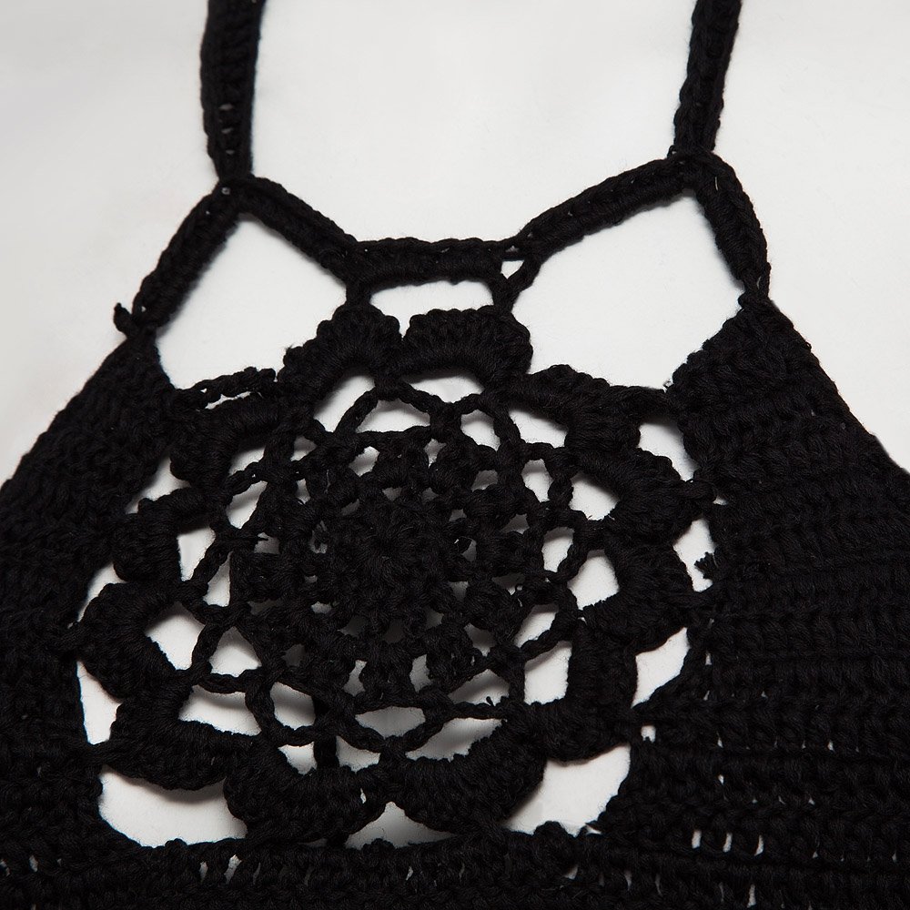 hannea retro style halter hollow out knitted fringed women bikini top