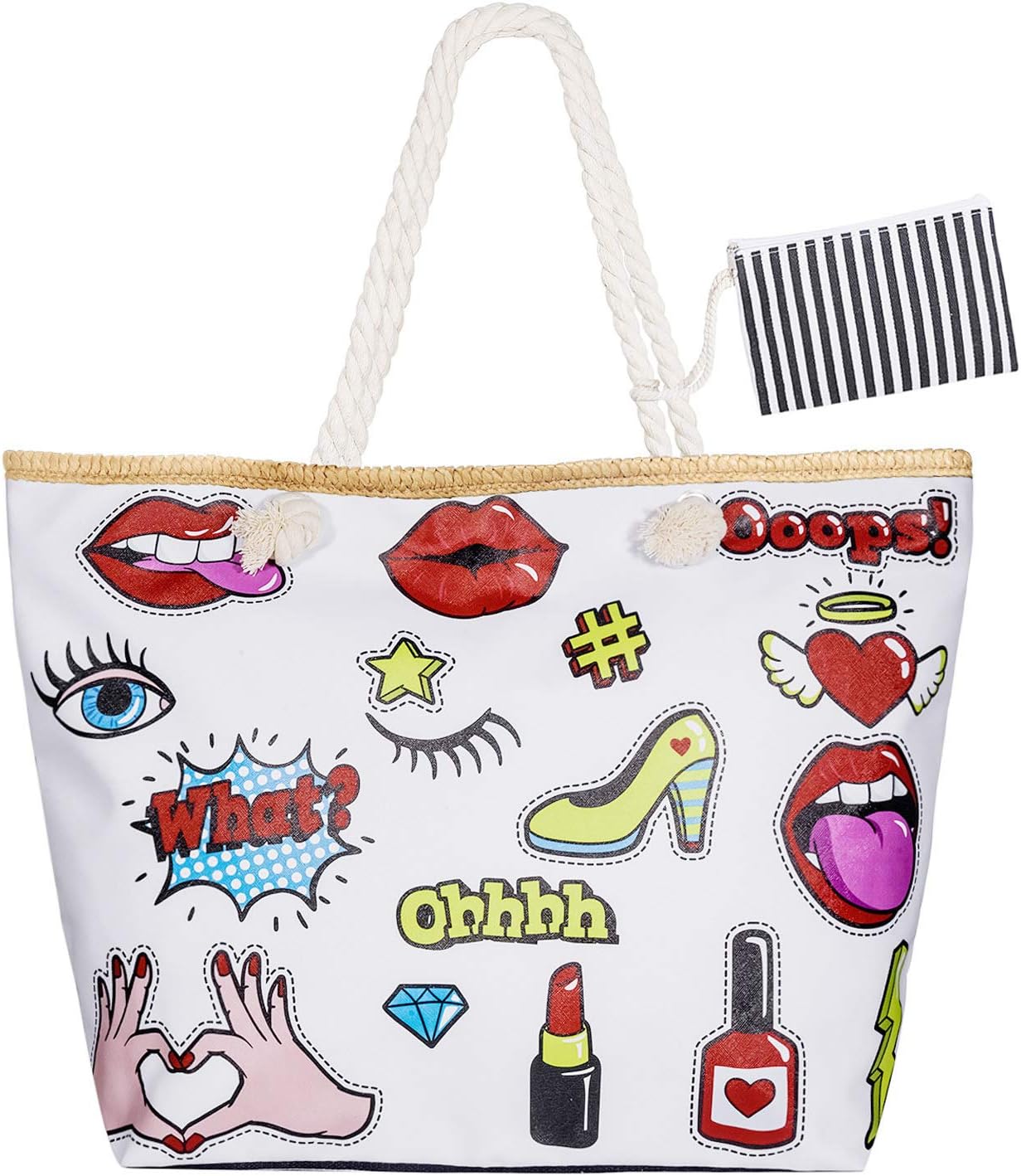 Waterproof Beach Bag with Purse Attached Canvas Shoulder Bag Oversized Holiday Shopping Bag Travel Tote Bag with Zip Top