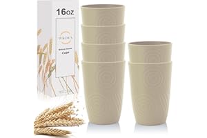 Wrova Wheat Straw Water Cups 16oz with Etched Pattern - Alternative Plastic Drinking Glasses Set of 6 - Unbreakable Tumbler Cups for Kids - Beige