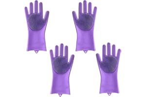 PEOKPIPLE 2 pairs Silicone Dishwashing & Pet Grooming Gloves - 2-in-1 Heat Resistant Gloves with High-Density Teeth, Enhanced Five Finger Design for Bathing, Cleaning Dishes, Cars, Dogs & Cats(Purple)