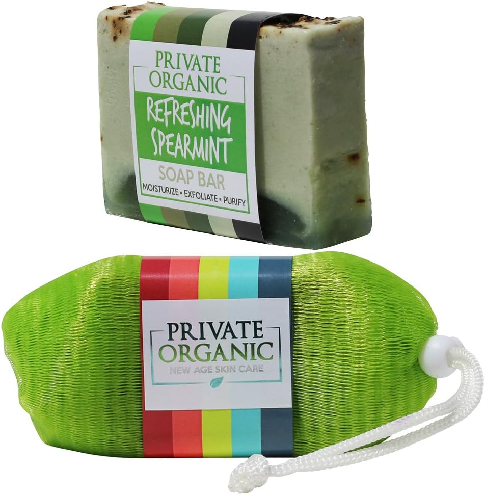 All Natural Artisan Vegan Bar Soaps - USDA Certified Organic- Handmade in the USA- Exfoliating & Moisturizing- Beautiful Scent- Best For Body/Face/Hand - With Soap Saver Pouch (Refreshing Spearmint)