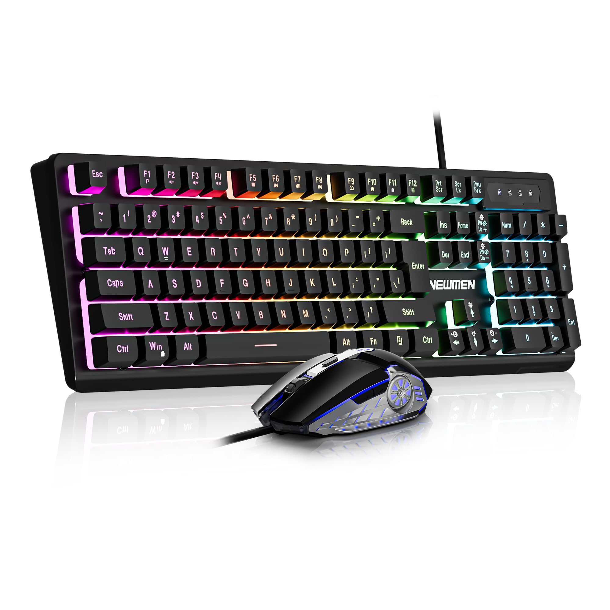 Newmen GM104 Wired Gaming Keyboard and Mouse Combo,USB RGB Backlit Mechanical Feel 26-Key Anti-Ghosting Computer Gaming Keyboards,Colorful Breathing Backlit Gaming Mouse,for PC Gamer Office,Black