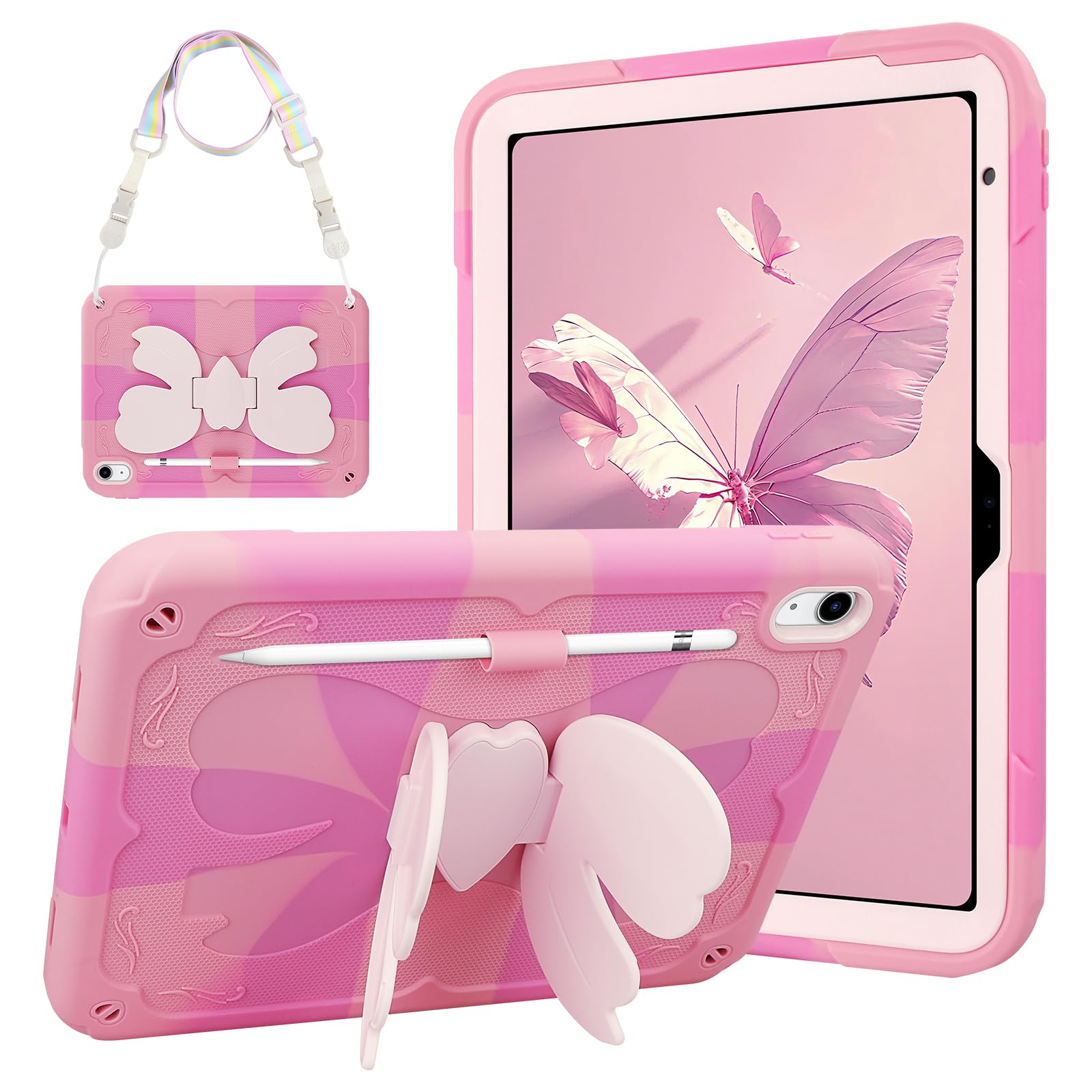 Photo 1 of *DAMAGE, INCOMPLETE** DJWOM for iPad A16 Case 11th Generation 11 Inch 2025/for iPad 10th Generation Case 10.9 Inch 2022 Tablet Cover with Shoulder Strap & Butterfly Stand Shockproof for iPad 10th Gen Cases Girls Kids Pink