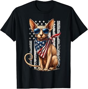 Patriotic Hairless Sphynx Cat American Flag 4th of July T-Shirt