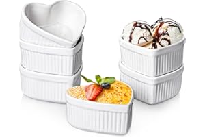 Delling Creme Brulee Ramekins 6 Oz Oven Safe, Heart Shaped Ramekins/Bowls, Small Baking Ceramic Ramekins Dishes for Creme Brulee Souffle Desserts Soups Snacks Quiche Appetizers, Set of 6, White