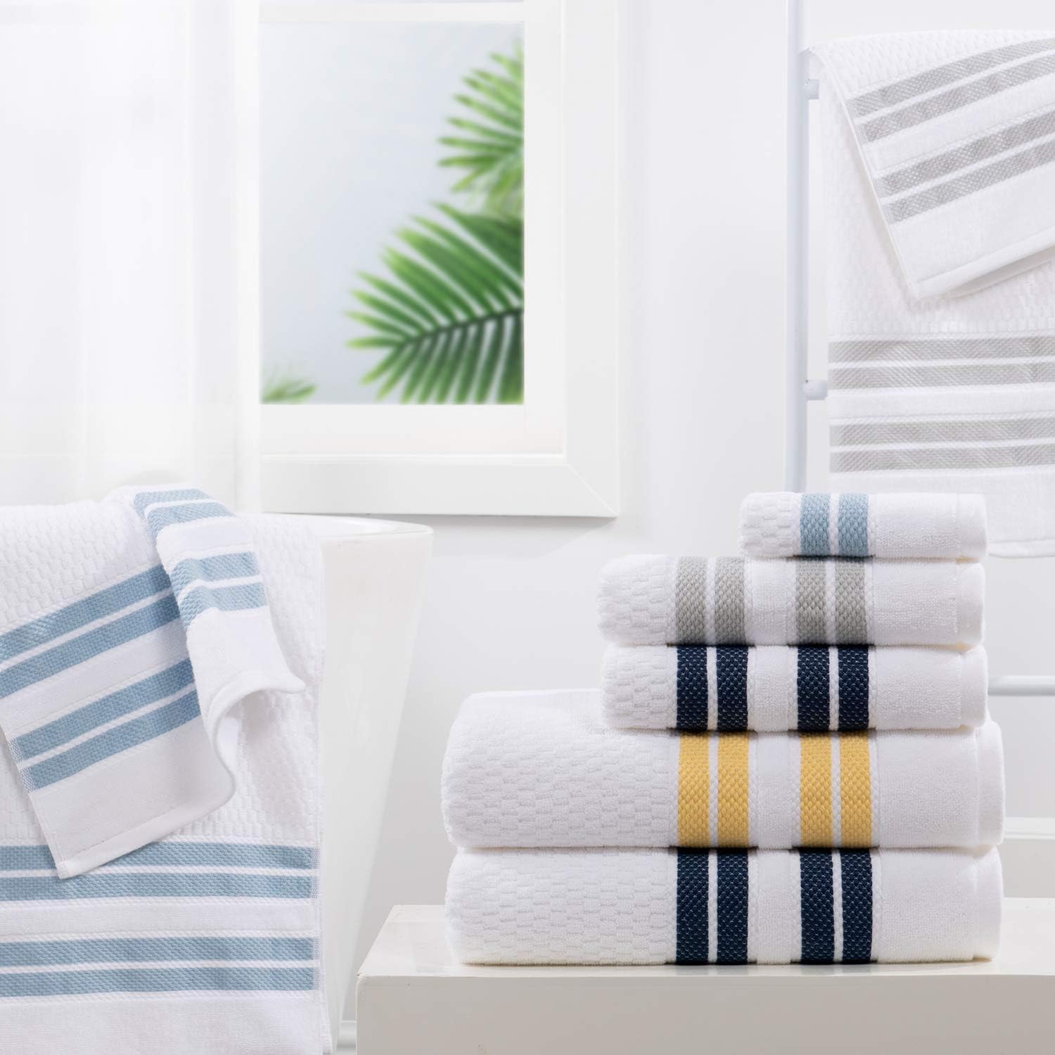 Truly Lou 100% Cotton Quick Dry Textured Bath Towel Set, 6 Piece Set - 2 Bath Towels, 2 Hand Towels and 2 Washcloths, Absorbent, Quick Dry, Soft, Striped Bathroom Towels Mayfield (Light Grey / White): Kitchen & Dining