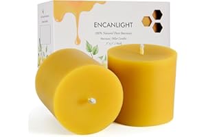 ENCANLIGHT Natural Beeswax Pillar Candles with Cotton Wick, Pure Bees Wax Candle (3x3 Inch) 2 Pack, Unscented Dripless and Smokeless, 50-55 Hours Long Burn Time for Home Decor, Party, Dinner