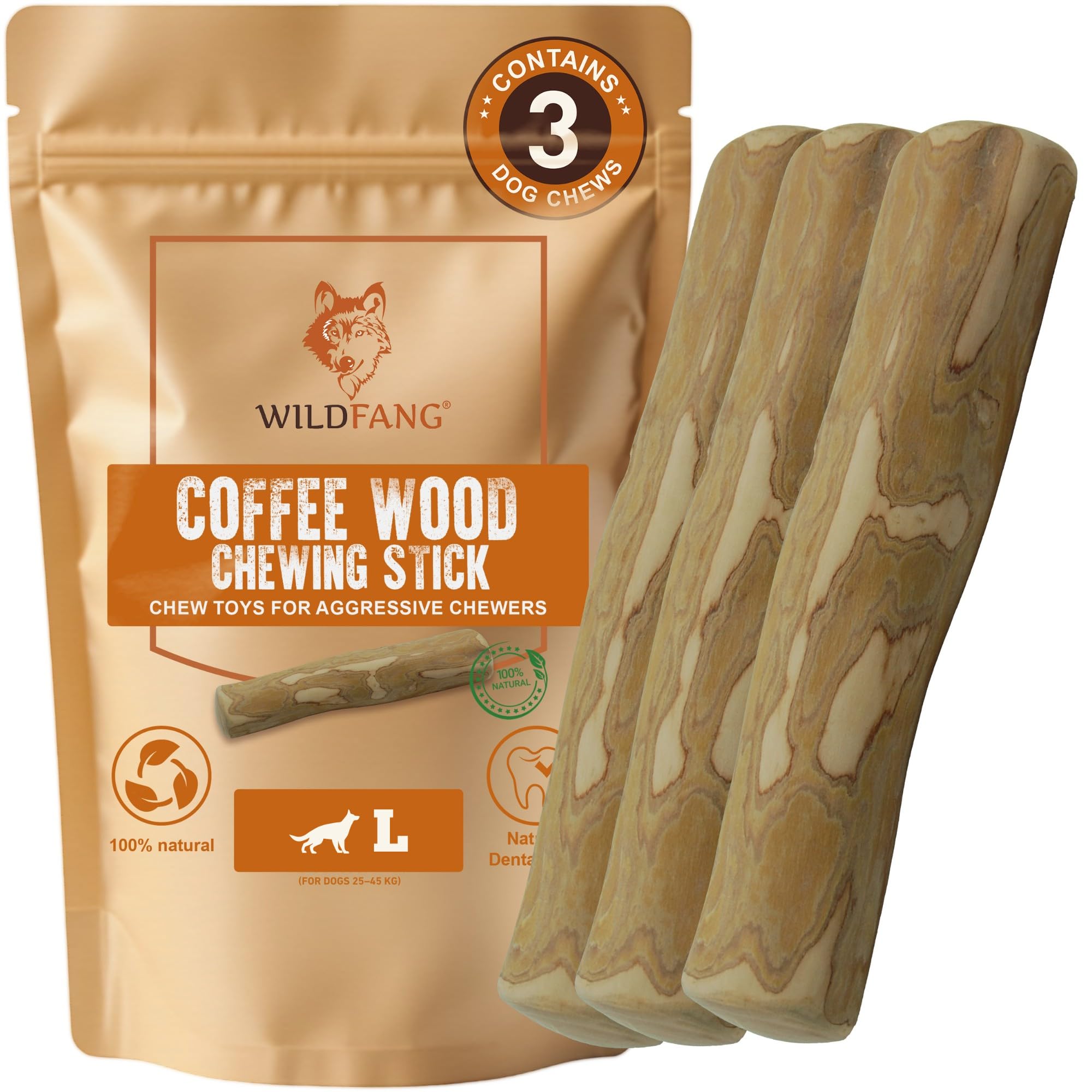 Wildfang® Coffee Wood Dog Chew Large - Durable Dog Toys for Aggressive Chewers, Dental Stick for Teething Puppy, Training for Chewing Muscles, Coffee Tree Sticks for Large Dogs (25-45kg), Pack of 3