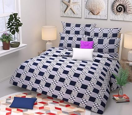 AVGoods 3D Chess Pattern 140 TC Polycotton 6x6 Size Double Bed bedsheet with 2 Pillow Covers, King Size, Navy Blue