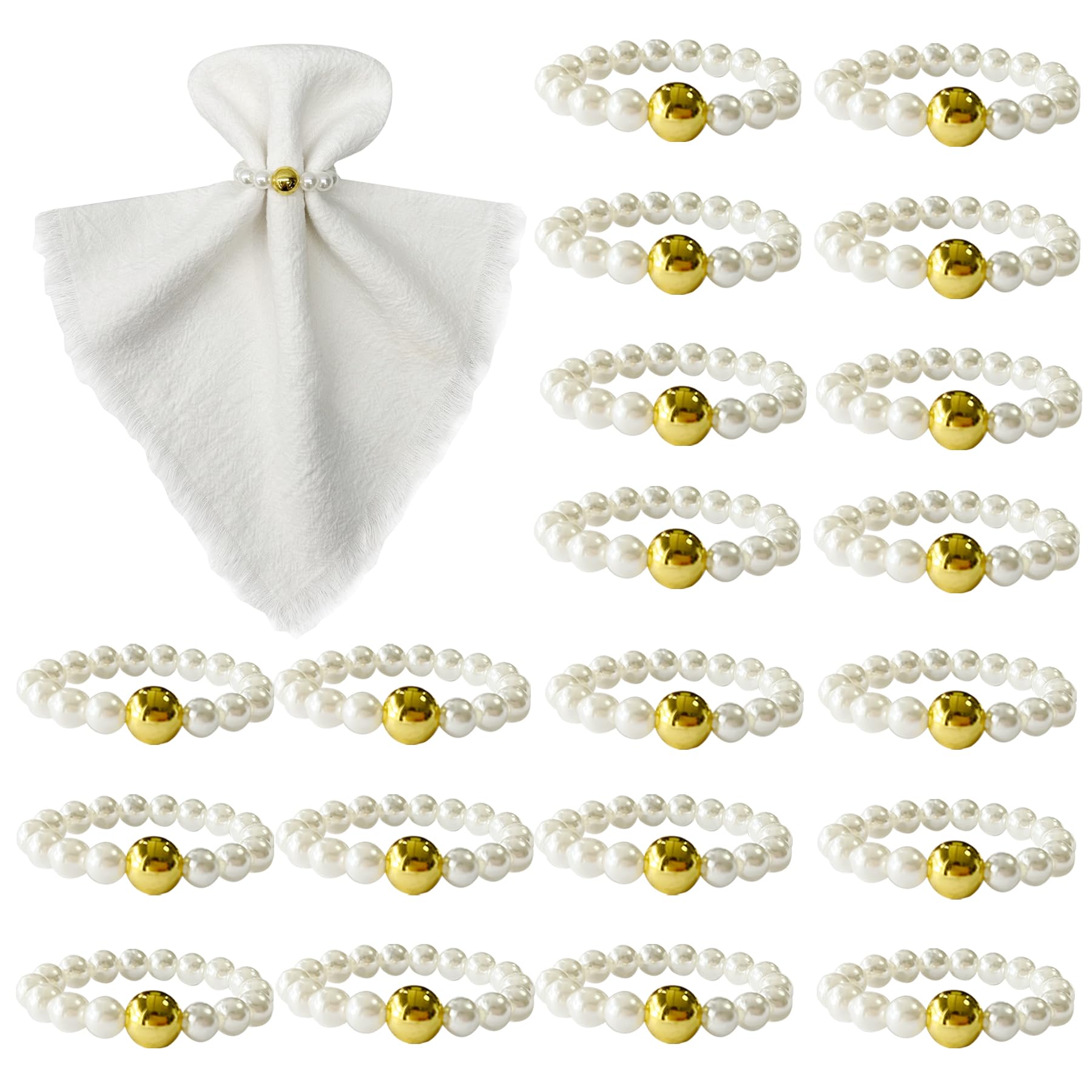 Photo 1 of 100Pcs Pearl Disposable Napkin Rings with Gold Bead Elegant Elastic Napkin Holder for Wedding Party Dinner Table Decor