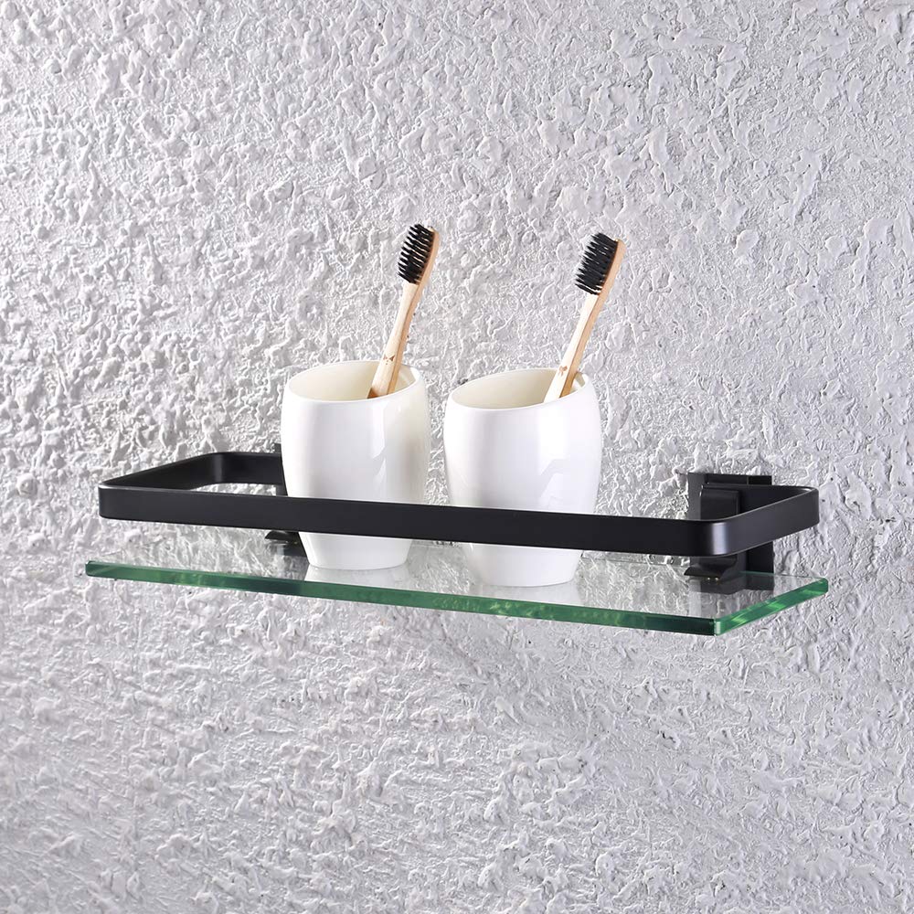 KES Bathroom Glass Rectangular Shelf (Aluminum Black 1 Tier) Basket