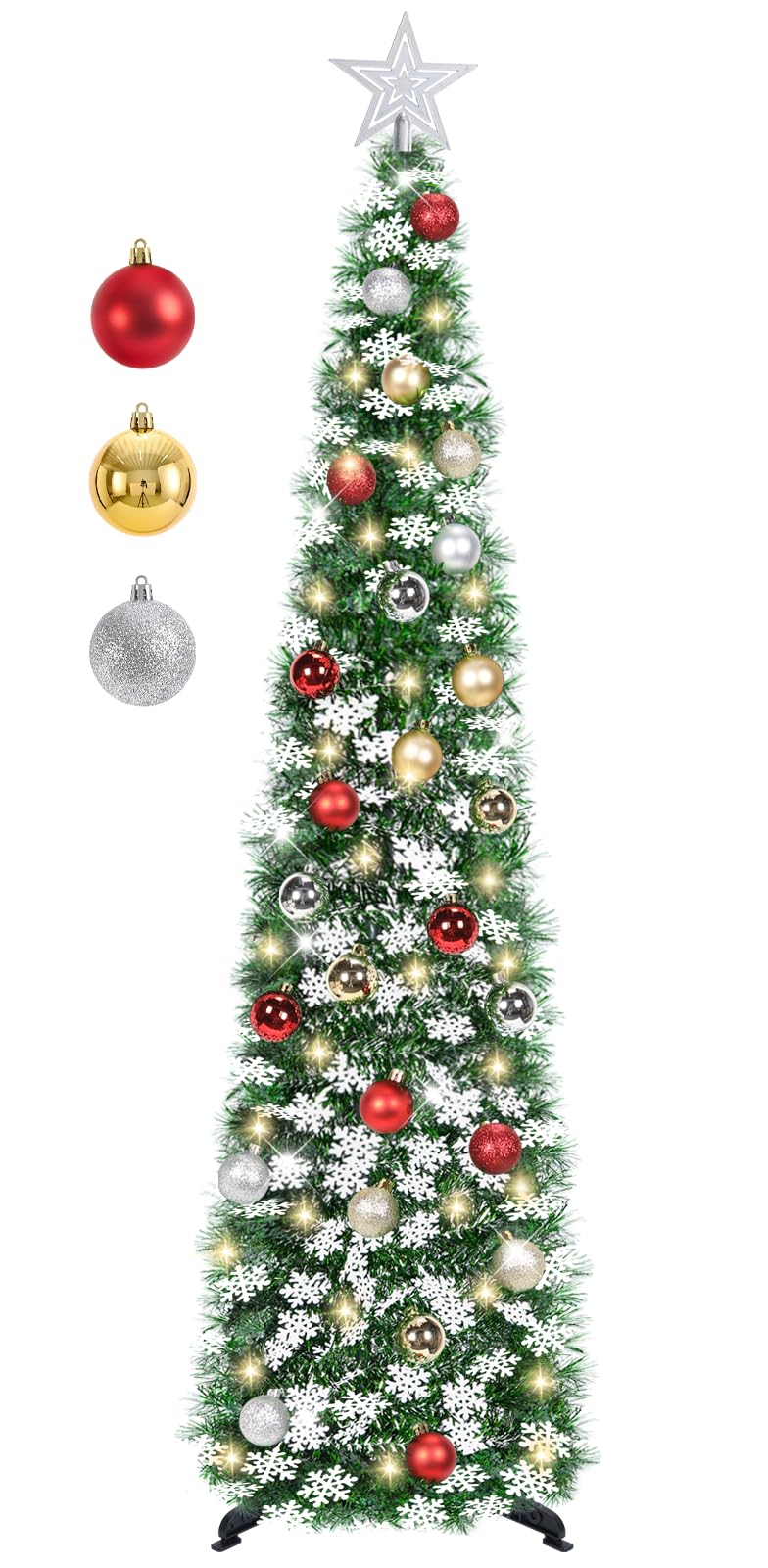 Photo 1 of SINTENILL 5 FT Pop Up Christmas Tree with Timer Lights and Decorations, Green Tinsel Artificial Christmas Tree with 24 Balls Ornaments, Collapsible Pencil Tree for Xmas Home Office Party Decor
