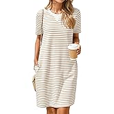 Glamaker Women Summer Tshirt Shift Dress Casual Striped Short Sleeve Crew Neck Knee Length Comfy Dress with Pockets
