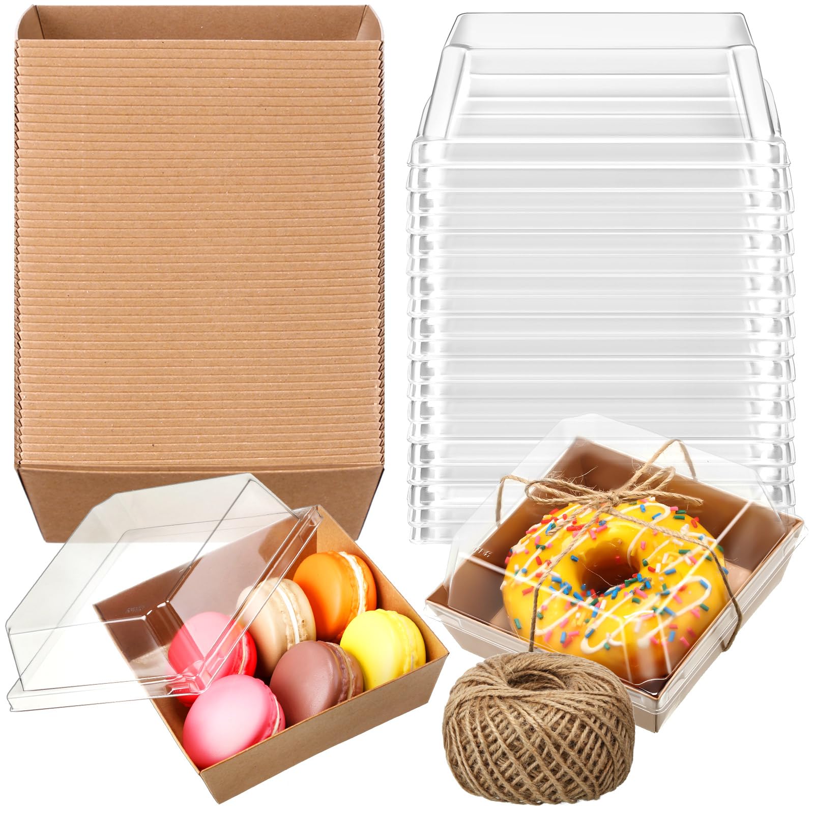 Photo 1 of Ctosree 100 Pcs Paper Charcuterie Boxes with Clear Lids 4.5 Inches Disposable Cake Boxes Square Dessert Container Bakery Boxes with Rope for Food Cake Slice Cookie Sandwich Dessert (Brown)