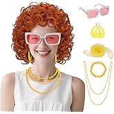 SEGOHAIR Mrs Roper Wig for Women Short Curly Red Orange Wigs with Sunglasses and Jewelry Costume Cosplay Wigs for Halloween Party Synthetic Hair #Yellow (7 PCS)