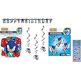 Sonic Birthday Party Supplies Bundle includes 1 Happy Birthday Paper Banner 6.25ft, 3 Hanging Swirl Decorations, 1 Dinosaur Sticker Sheet