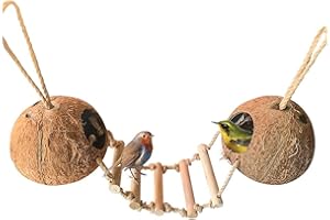 HAMILEDYI Bird Hides Coconut Nest with Wood Ladder,Syrian Hamster Cage Hanging Natural Coco Shell Hut Hide Toy with Wooden Bridge,Hollow Hideaway Toys for Small Animal Rat Lovebird Finches