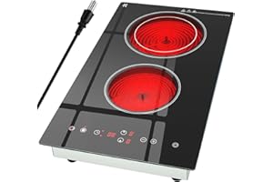 Zarbaco Electric Cooktop 2 Burner, 1800W Radiant Electric Stove Top 120V with Countertop & Built-in Design, 12 inch Touch Control Ceramic Cooktop with Safety Lock, 9 Level Power, Timer - Plug in
