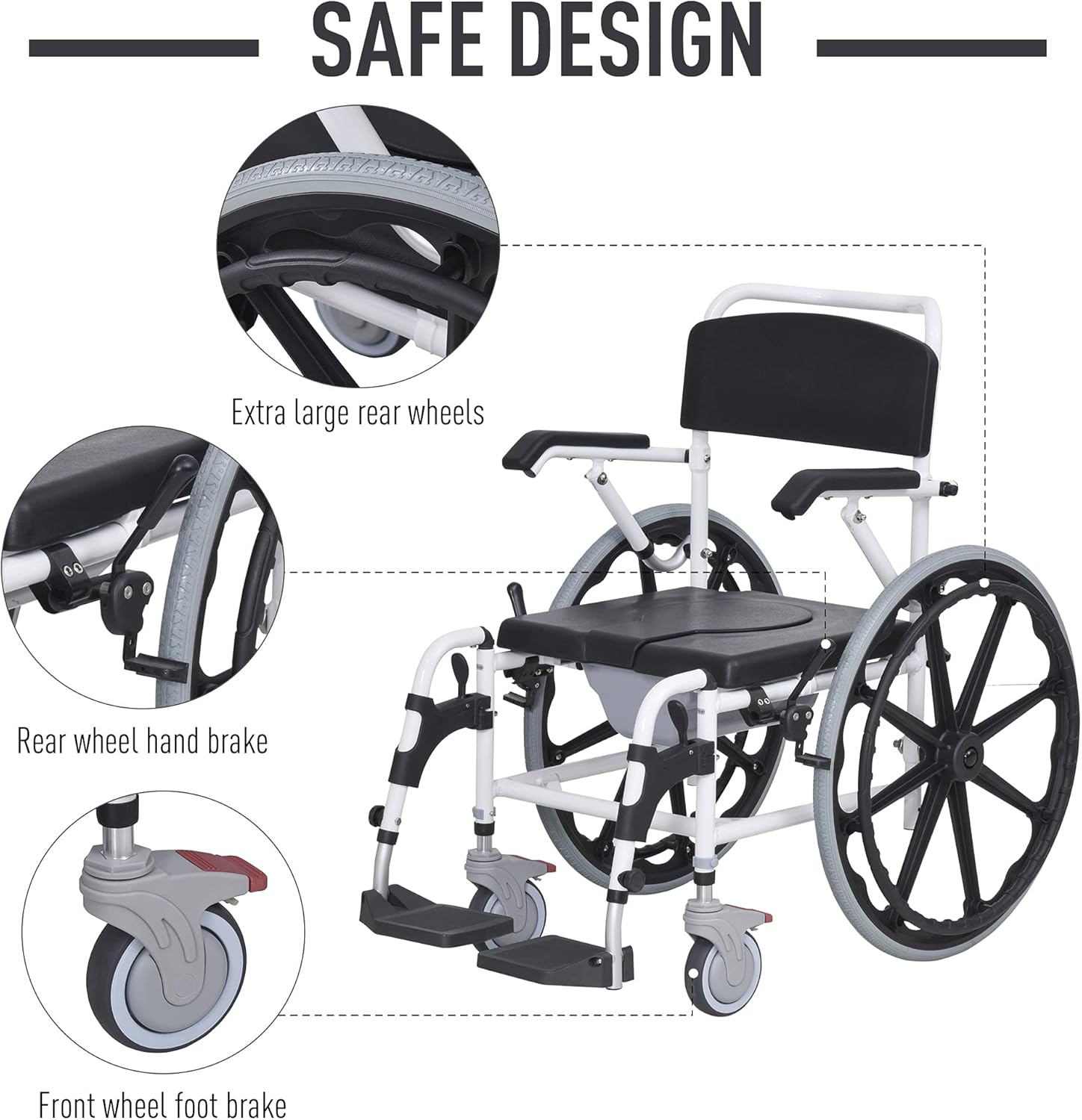 HomCom Rolling Shower Wheelchair Bath Toilet Commode Bariatric with 24" Wheels, Detachable Bucket & Shower-Proof Design, Black: Health & Personal Care