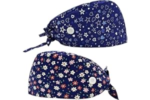 SUNY SMILING 2 Pack Scrub Caps Women, with Buttons & Sweatband, Nursing Caps, Surgical Cap Men, Adjustable Bouffant Surgical Nurse Cap, Adjustable Tie Back Hat Women Men