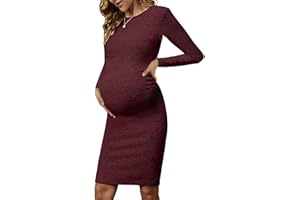abkylie Side Ruch Knit Ribbed Maternity Bodycon Dress/Knee-Length Dress with Long Sleeve Fall Casual