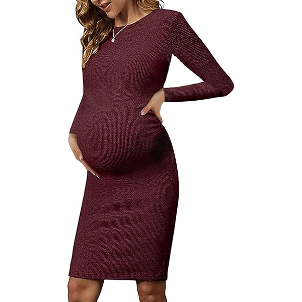 KOJOOIN Maternity Sweater Dress – V-Neck Rib Knit Bodycon With Side Slit, Long Sleeve Midi Dress For Fall & Baby Shower