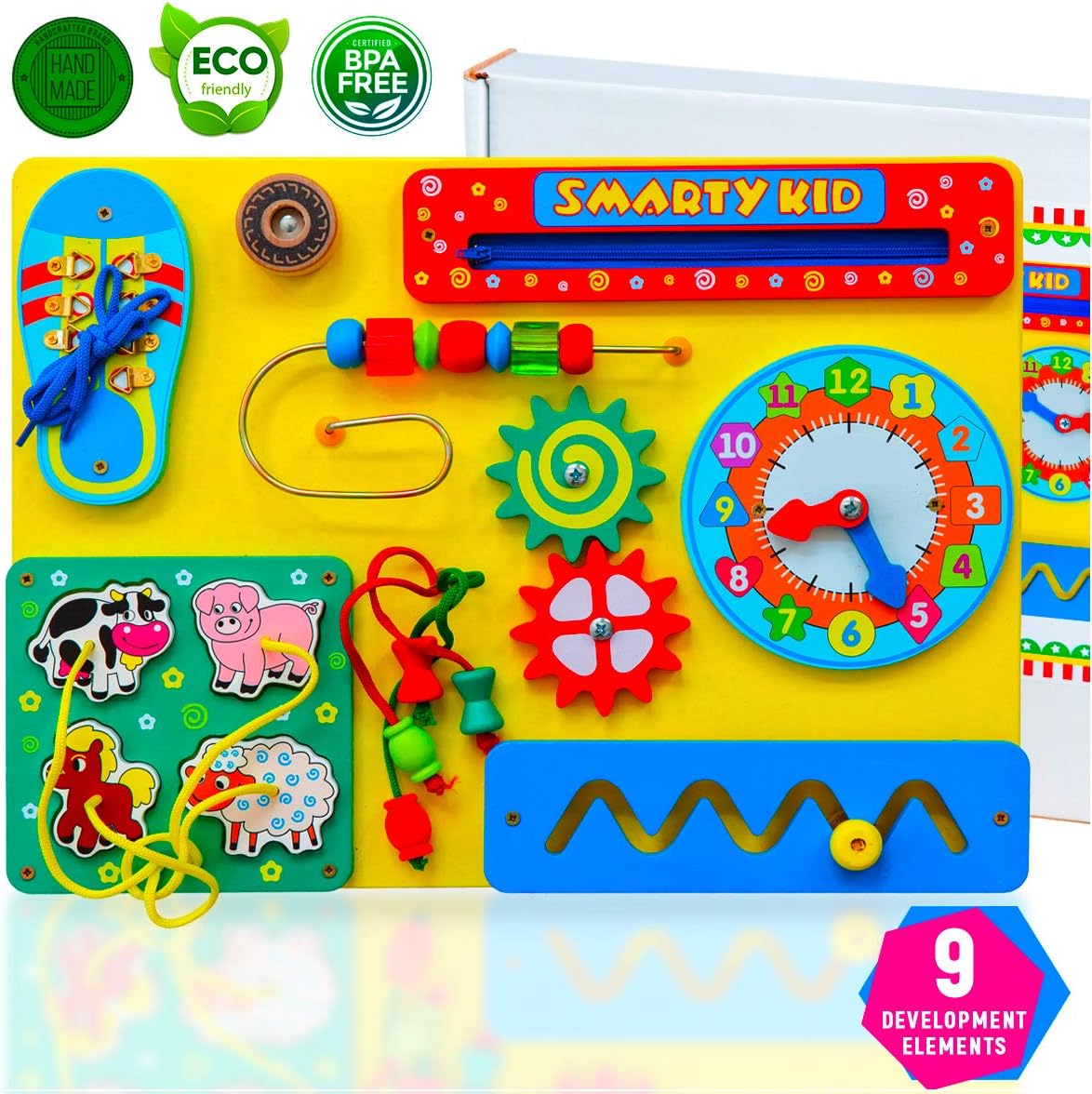 MiraToys Wooden Busy Board For Toddlers - Activity Board With Jigsaw Puzzles, Clock and Shoelaces - Developmental Toy