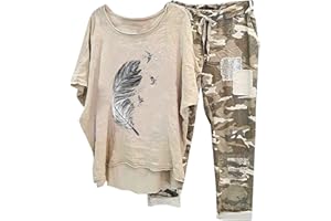 DDAPJ pyju Linen Sets for Women 2 Piece Casual Oversized Short Sleeve Shirt and Camo Capri Pants Summer Outfits Lounge Sets