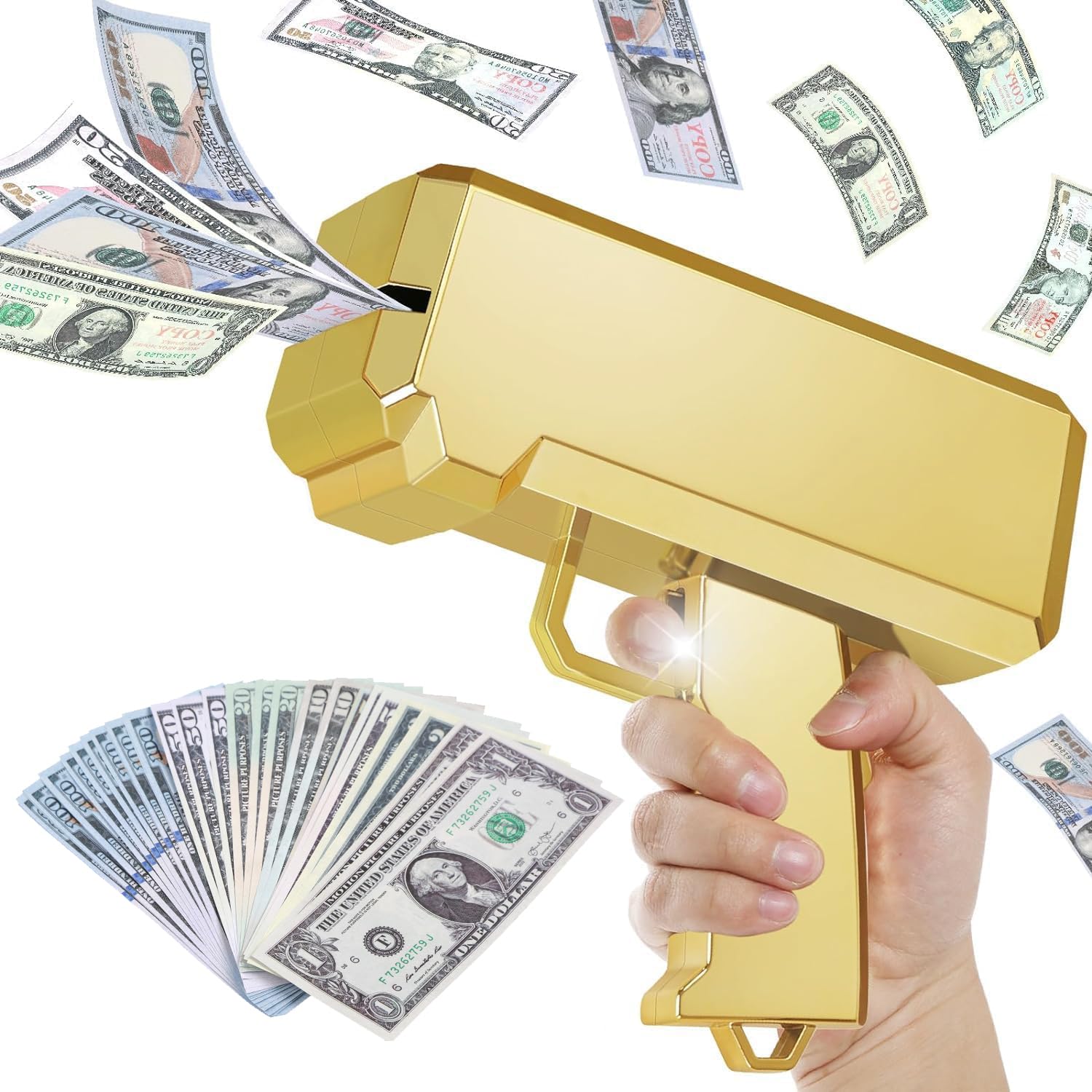 Money Gun Shooter and Prop for Movies, Handheld Cash Toy Paper Playing Dispenser Fake Gun for Party, Pretend Play Toy (Gold)