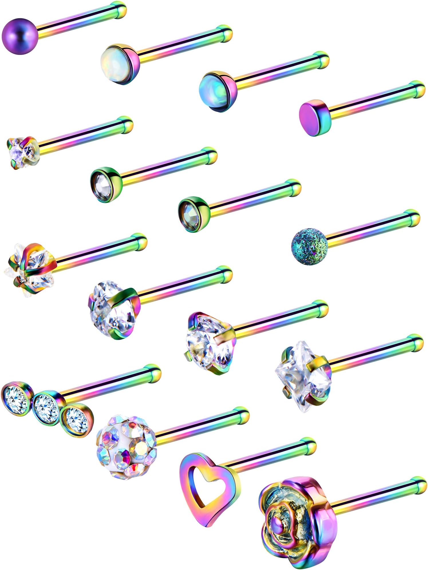 16 Pieces Nose Stud Set Nose Studs Cartilage Tragus Piercing Rose Ball Labret Jewelry, 20 G (Bone Stud B)